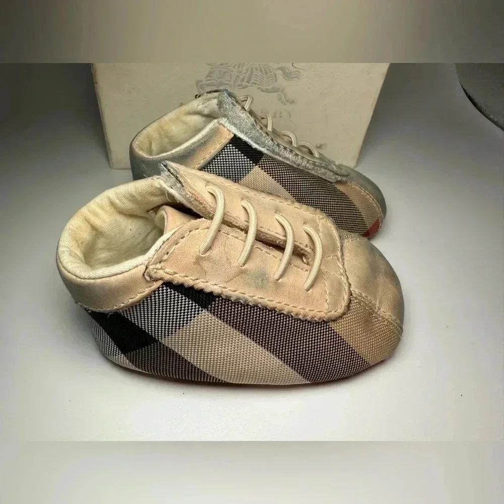 Burberry Kids Baby Shoes Classic Check Logo Beige Leather Lace Up Crib sz 17